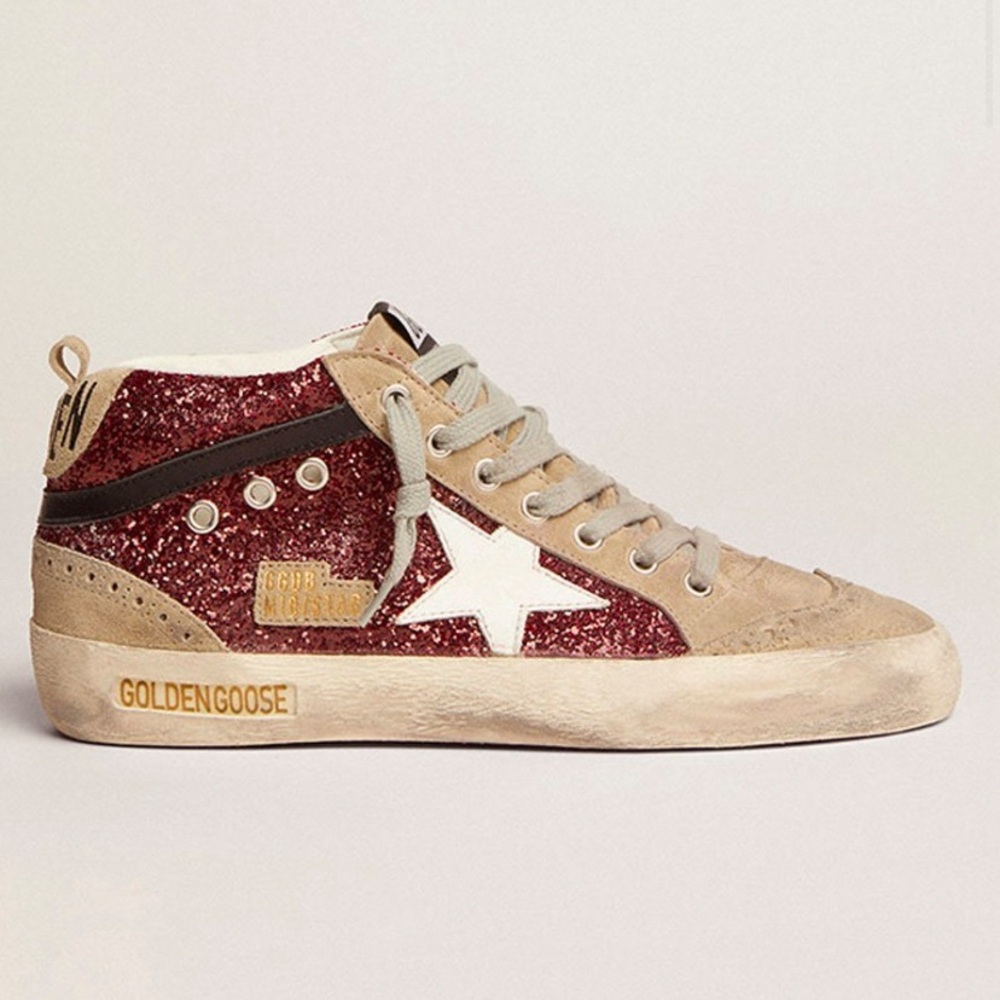 Golden Goose Mid Star Sneaker dark red glitter tan NIB Auth